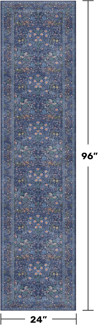 Dark Blue 2x8 Kitchen Rugs - Machine Washable Hallway Runner Non Slip, Floral Pattern Indoor Floor Mats for Entryway, Oriental Design Home Décor