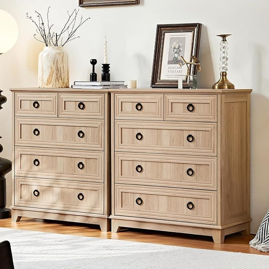 Farmhouse 5 Drawer Dresser for Bedroom Set of 2, 33.2" Tall Small Dressers & Chest of Drawers, Rustic Wood Dresser with Metal Handle, Storage Organizer Closet for Living Room, Hallway,Entryway