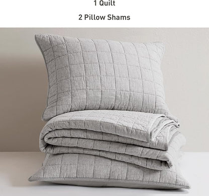 Hyde Lane Luxury Linen Quilt Set King Size, Organic European Flax Cotton Blend Bedding for Bedspread and Coverlet, Box Stitched, with 2 Pillow Shams, 106"x96", Grey