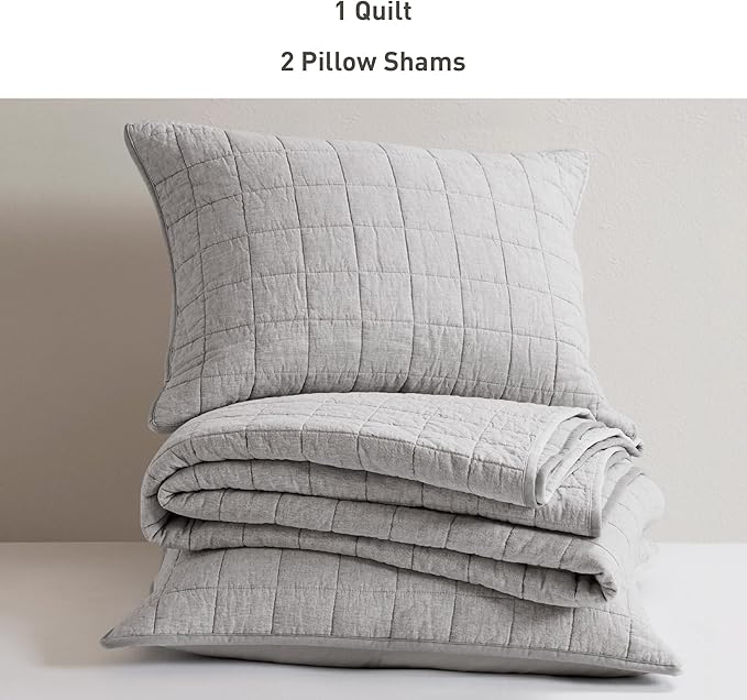 Hyde Lane Luxury Linen Quilt Set Queen Size, Organic European Flax Cotton Blend Bedding for Bedspread and Coverlet, Box Stitched, with 2 Pillow Shams, 90"x96", Grey