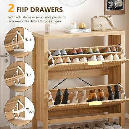 Shoe Cabinet Storage for Entryway, Fluted Shoe Cabinet with 2 Flip Drawers, Hidden Shoe Rack Tall Freestanding Shoe Organizer with Legs for Hallway, Wood
