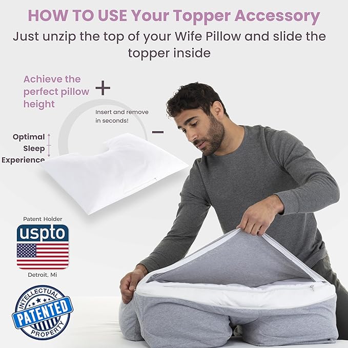 Wife Pillow - Topper, Hotel Style, 50/50 Blend: Goose Down Feather & Siliconized Fiberfill. Machine Wash & Dry. Adjustable for Side Sleepers by Zipper Access Add/Remove Filling: Soft Support