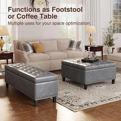 Large Storage Bench, 51-Inch Ottoman for Bedroom End of Bed, 30 Gallons Faux Leather Bench for Bedroom, Living Room, Entryway, Hallway, Grey
