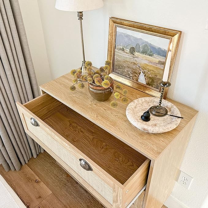 PHI VILLA Rattan Nightstand Set of 2 - Dresser with Drawer Boho Small Cabinet, 3 Drawer Dresser, Rattan Cabinet