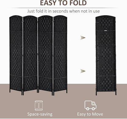 HOMCOM Room Divider, 4 Panel Folding Privacy Screen, 6FT Tall Portable Wicker Weave Partition Wall Divider for Bedroom, Home Office, Black