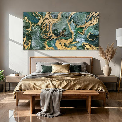 YETHEN WAL Emerald Green Canvas Wall Art, Gold Foil Marble Fluid Texture Art Prints, Large Modern Artwork for Living Room Bedroom Office 29x58 Inch