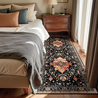 Area Rugs 3'x6' Washable Non-Slip, Floral Vintage Distress Print Pattern Medallion Carpet for Living Room Bedroom Dining Room, Black Colorful Floral Dark Tan