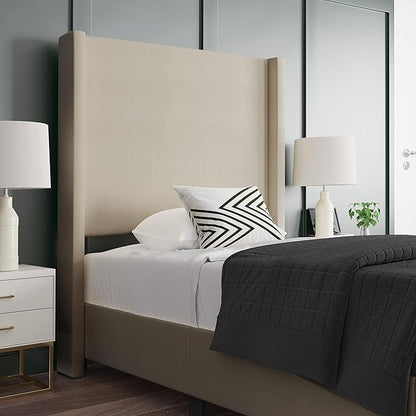 EMMA + OLIVER Nora Twin Size Faux Linen Upholstered Platform Bed with Plush Padded Wingback Headboard (No Box Spring Needed), Modern Upholstered Headboard Twin Bed Frame, Beige
