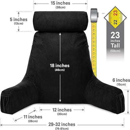 Husband Pillow Medium Aspen Edition Stable Black, Sit Up Reading & Bed Rest with Arms, Ultra-Comfy, Detach Neck Roll - Premium Shredded Memory Foam Backrest, Reverses to Micro: Suede or Plush