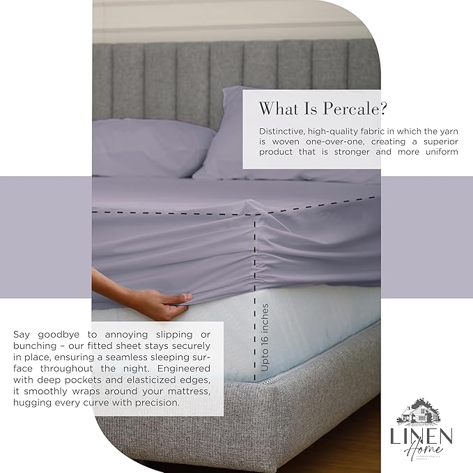 Linen Home 100% Cotton Percale Sheets Queen Size, Prelude Purple, Deep Pocket, 4 Pieces Set - 1 Flat, 1 Deep Pocket Fitted Sheet and 2 Pillowcases, Crisp Cool and Strong Bed Linen