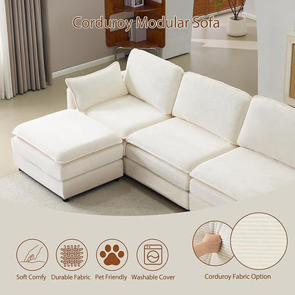 Plush Cloud 3-Seater Sofa with 2 Footstools and Beige Chenille Cushions, Modular 4-Seater Sofa for Small Space Apartment Living Room Bedroom