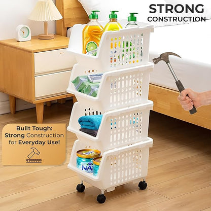 TidyFriend Stackable Storage Bins for Pantry - 4 Pack Small Stackable Bins for Organizing Food, Kitchen, and Bathroom Essentials (White)