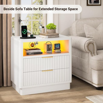 ELYKEN White LED Nightstand with Charging Station, Fluted 24" Wide Bedside Table with 2 Drawers Wood End Table with USB & Type-C Port for Bedroom