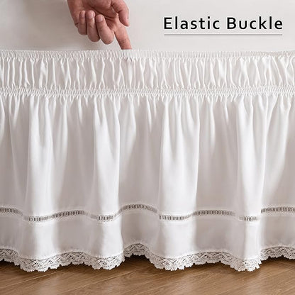 MIYE Wrap Around Ruffled Lace Bed Skirt, Elastic Dust Ruffle with Adjustable Belts,15 Inch Drop Easy to Put On, Bed Frame Cover, Machine Washable (Floral Lace, Full/Twin-15)
