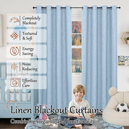 Baby Blue Linen Blackout Curtains for Nursery 84 Inch Length 2 Panels Set, Thermal Insulated Boho Total Black Out Noise Reducing Bonzer Grommets Window Curtains for Kids Bedroom, Each 60 Inch Wide