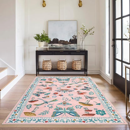 Mushroom Insect Washable Rug 5x7 Area Rugs for Bedroom Non Slip with Rubber Back Low Pile Stain Resistant Butterfly Carpet for Living Room Nursery Kitchen Dining Room Khaki Pink