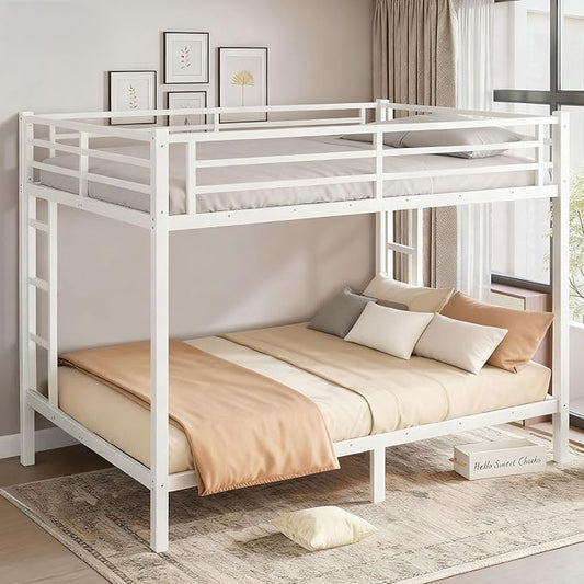 Queen Over Queen Bunk Bed Frame, Heavy Duty Metal Loft Bed for Adults/Teens, 400/600LB Capacity w/Ladder & Guardrail, Noise-Free Steel Slats, No Box Spring Required, White