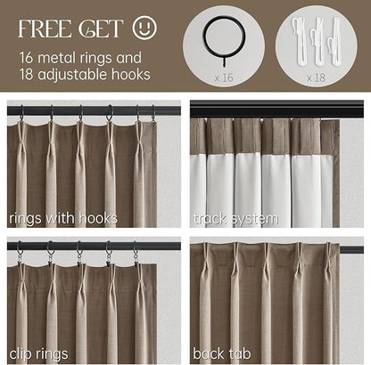 Topfinel Extra Long Total Blackout Linen Curtains 120 Inches Long for Living Room Large Window with Hooks Rings, Pinch Pleated Cold Blocking Acoustic Heavy Taupe Track Curtains 2 Panels 10 FT