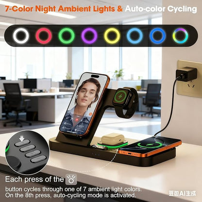Dual Phone Magnetic Wireless Charging Station for Apple Devices/Apple Ecosystem,with Auto-Switch 7-Color Light & Clock, Compatible with iPhone 17/16/15, for iWatch 11/10/9 & AirPods Pro3（Black