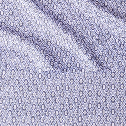 Amazon Basics Lightweight Super Soft Easy Care Microfiber 4 Piece Bed Sheet Set With 14" Deep Pockets, Queen, Blue Damask, Printed