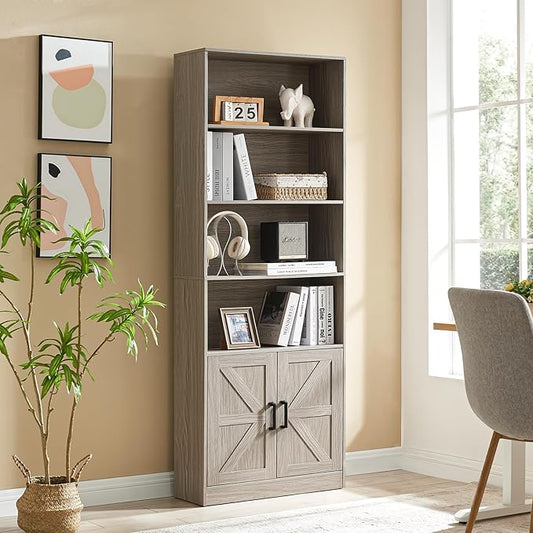 RWYHG 70in Tall Bookshelf 6 Tier Bookcase with Barn Doors and Adjustable Shelf, Oak Grey Farmhouse Book Shelves with Storage Cabinet, Wood Floor Standing Display Bookshelve for Bedroom, Living Room