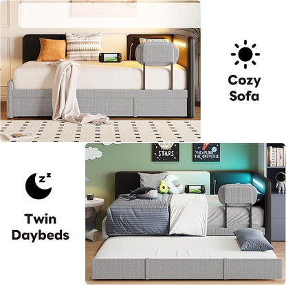 LIKIMIO Twin Daybed with Trundle, Day Bed Frame with 2 USB Ports& LED, Upholstered Guardrail, Sofa Bed with Strong Supports for Bedroom, Living Room