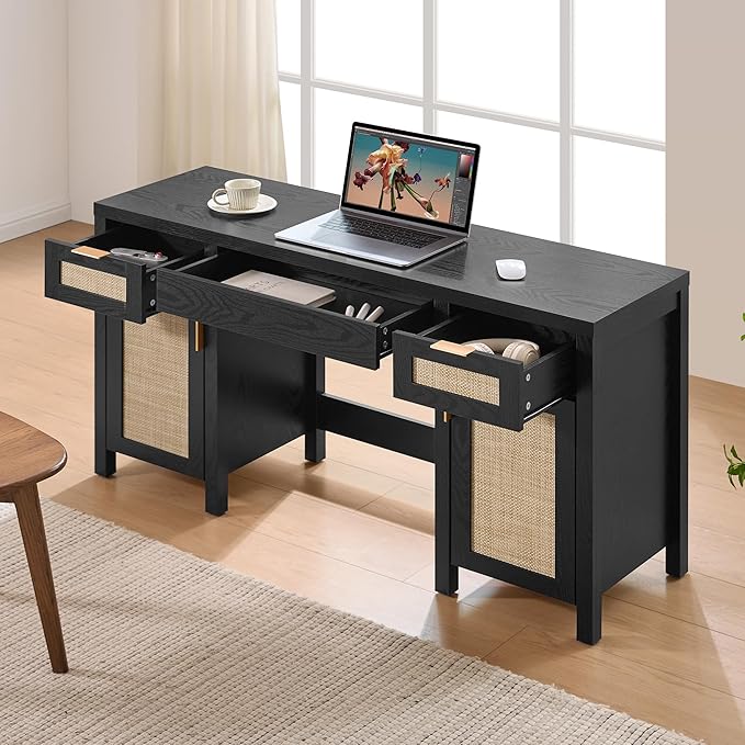 SICOTAS Rattan Vanity Home Office Desk - 52" Large Farmhouse Boho Makeup Vanity Dressing Table with 3 Drawers & 2 Storage Cabinets, Vanities Desk for Makeup Room, Bedroom, Home Office, Black Oak