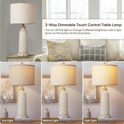 QiMH Table Lamp for Living Room with USB A+C Ports, Farmhouse Bedside Lamps for Bedroom Set of 2, Touch Control 3-Way Dimmable, 26" Modern Off-White Resin Nightstand Lamp, Included 2700K LED Bulbs