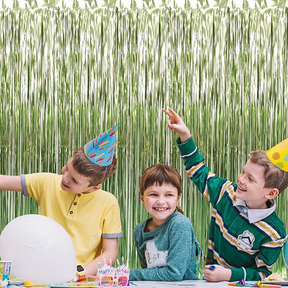 GOER 3.2 ft x 8.2 ft Metallic Tinsel Foil Fringe Curtains,Party Streamer Backdrop for Birthday,Graduation Decorations and New Year Eve (2 Pcs,Sage Green)