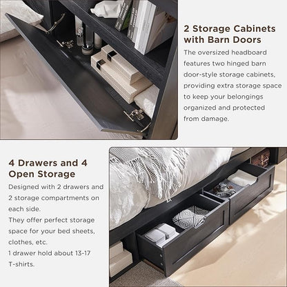 ACCOHOHO Farmhouse Queen Size Bed Frame with 52" High Storage Bookcase Headboard and 4 Drawers,Wooden Bed Frame with LED Light and Charging Station,Black