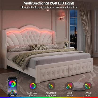 Keyluv Queen Bed Frame with LED Lights and 2 Storage Drawers, Velvet Upholstered Platform with 47" Tall Arc-Shaped Wingback Headboard and Button Tufted Design, No Box Spring Needed, Noise-Free, Beige