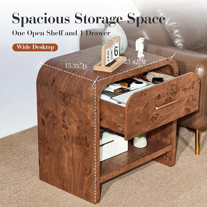 Night Stand [Unique Curved Profile] [FSC-Certified Wooden Board] 1-Drawer and 1 Storage Shelf Nightstand 24" H Metal Handle Modern Bedside Table Side Table End Table