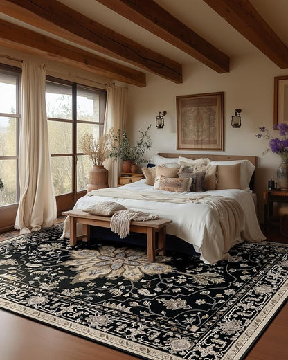 Area Rugs 9'x12' Washable Non-Slip, Floral Vintage Distress Print Pattern Medallion Carpet for Living Room Bedroom Dining Room, Black Brown Neutral Dark Tan
