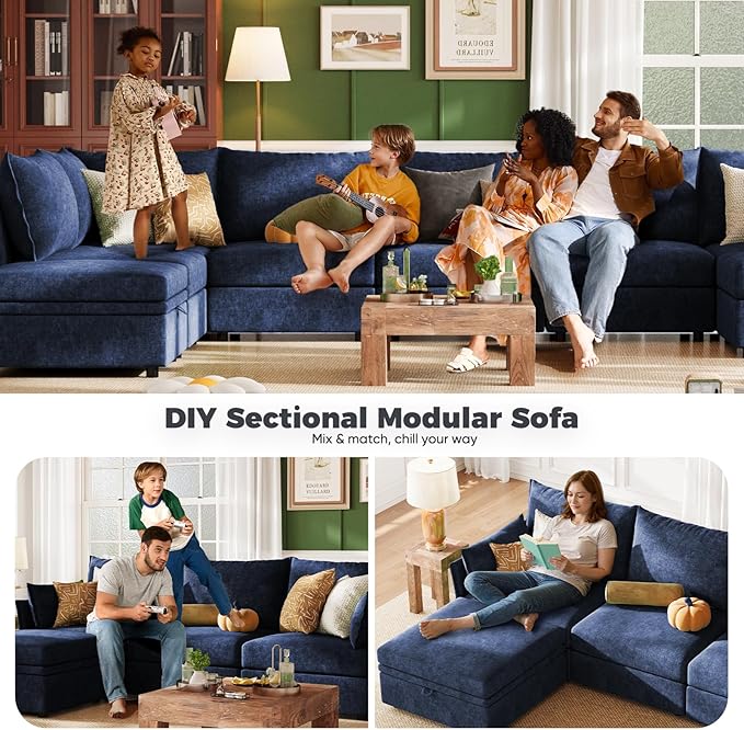 ABCASA 135.5" Oversized Modular Sectional Sofa, L Shaped Convertible Couch with Movable Ottoman, 5 Seat Corner Couches for Living Room Deep Seat Blue Chenille