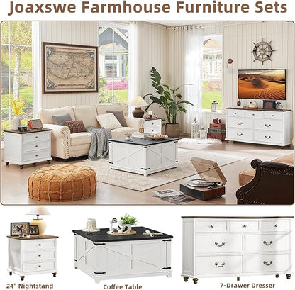 24" Wide Farmhouse Night Stand,Large End Table with 3 Drawers & Metal Handle,White Wood Dresser for Bedroom Cabinet, Bed Side Tabl·e Chest of Drawers,Nightstand for Living Room