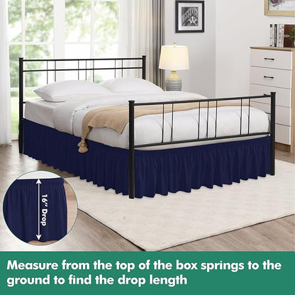 Biscaynebay Wrap Around Bed Skirts with Split Corners for Queen Beds 16" Drop, Navy Elastic Dust Ruffles Adjustable Easy Fit Wrinkle & Fade Resistant Silky Luxurious Fabric Machine Washable