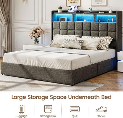 Lift Up King Size Bed Frame with Storage, Upholstered King Bed Frame with Charging Station and LED Lights Headboard, No Box Spring Needed, Easy Assembly - Dark Grey