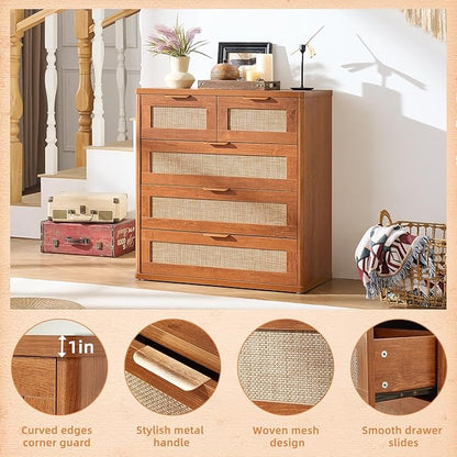 LEYAOYAO Rattan Dresser for Bedroom, 33.5" Tall Chest of Drawers, Modern 5 Drawers Boho Dressers with Storage, Vintage Brown Dresser Wooden Closet Organizer for Living Room, Hallway