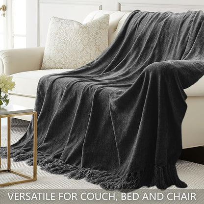 Chenille Throw Blanket for Couch 50"X 60", Soft Cozy Throws with Fringe Tassel for Bed Sofa Chair Cover, Lightweight Knitted Decorative Boho Blankets for Living Room, Dark Grey