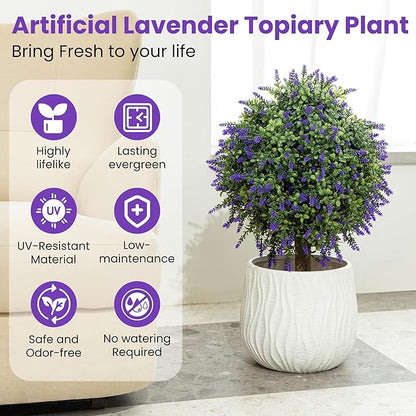 Artificial Lavender Topiary Ball Trees, 2 Pcs 23.6" Faux Lavender Bushes with 4 Ground Spikes, Fake Evergreen Plants for Home, Garden, Yard, Patio, Front Porch Decor