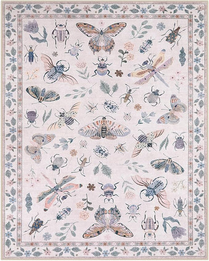 Lahome Insect Print Washable Rugs 8x10, Soft 8x10 Rugs for Living Room Dining Room Ultra-Thin, Non-Slip Modern Bedroom Rug Large Carpet Non-Shedding Accent Rug for Office Classroom(8x10ft,Pink)