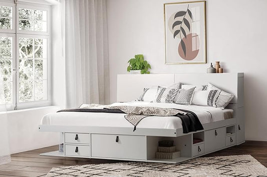memomad Bali Set: Storage Platform Bed with Drawers + Bookcase Headboard (King Size, White Wood)