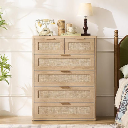 LEYAOYAO Rattan Dresser for Bedroom, 41" Tall Chest of Drawers, Modern 6 Drawers Boho Dressers with Storage, Light Oak Dresser Wooden Closet Organizer for Living Room, Hallway, Natural Wood