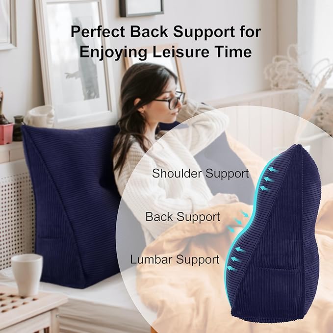 WOWMAX Triangular Headboard Pillow Bed Wedge Pillow for Headboard Large Bolster Pillow for Bed Wedge Pillow Headboard Daybed Pillows, Corduroy(100% Cotton), Deep Blue, California King