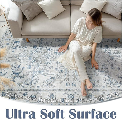 jinchan Lima Hallway Runner Rug 2x8 Washable - Vintage Floral Non Slip Low-Pile Soft Ultra-Thin Faux Wool Kitchen Rug Distressed Carpet Runner for Farmhouse Bedroom Laundry (2x8ft, Blue)