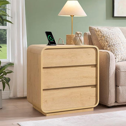 Natural Curved Nightstand Set of 2, 23.2" Large Wood Bedside Table with 3 Drawers, Charging Station, Modern Side Table, Mid-Century End Table Night Stand for Bedroom Sofa,