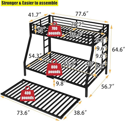 Higher Quality & Stronger Heavy Duty Metal Bunk Bed Frame Twin Over Full Size with Twin Size Trundle for Adults Teens, Thickened More Stable Steel Bunkbed (Twin Over Full with Trundle)