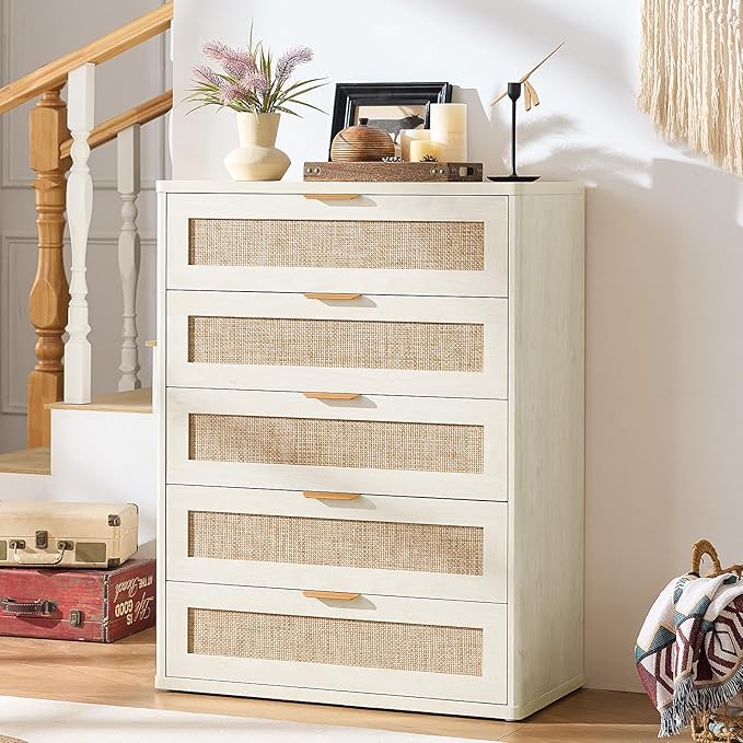 LEYAOYAO Rattan Dresser and Nightstand Set of 3, Boho Wood Dresser for Bedroom with 6 Drawers and Night Stand with Charging Station, Bedroom Furniture, Dressers & Chests of Drawers,Hallway,Living Room