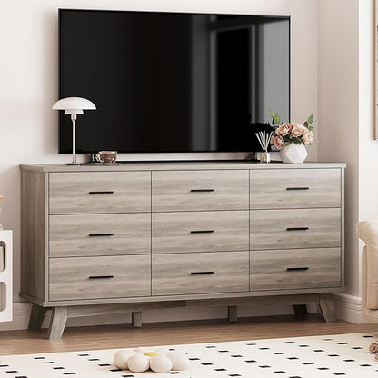 Dresser for Bedroom, 9 Drawer Wide Modern Chest of Drawers with X-Shaped Sturdy Base, Wood Double Dresser Closet Clothes Storage Organizer, Wooden TV Stand for Living Room, Hallway, Grey