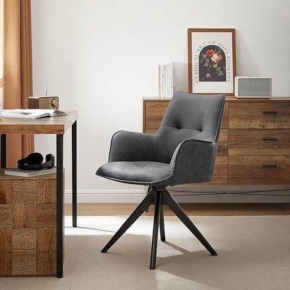 Art Leon Accent Chair Set of 2 - Mid Century Modern Desk Chair No Wheels, Faux Leather Upholstered Office Chair with Black Oak Wood Legs for Small Space Living Room Bedroom, Black